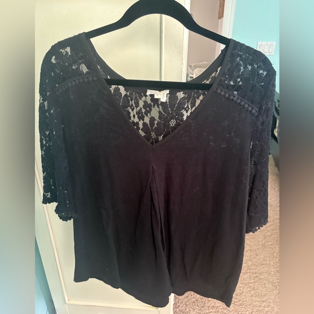 Anthropologie Black Lace Relaxed Short Sleeve Blouse